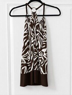 Pinkeli Brown Zebra Halter Dress O-Ring Animal Print Y2K Boho Resortwear Size M